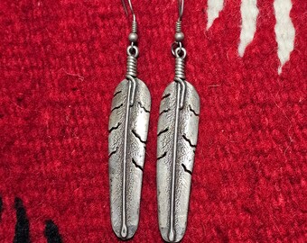 Hopi Cast Silver Feather Vintage Dangle Earrings Sterling Old Pawn Native Made