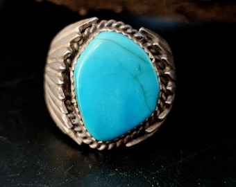 Blue Turquoise Silver Wings Vintage Sterling Native Man Ring Size 13 Old Pawn JR 427
