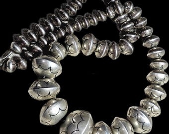 1950s Graduated 24" Navajo Pearls Silver Beads  Native Vintage Necklace  Old Pawn  JN 855
