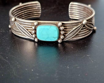 Decorative Rail Turquoise Sterling Native Made Vintage Cuff fits 6" wrist  JB 77