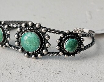 3 Green Turquoise Harvey Era Vintage Native Bracelet Old Pawn fits 6 1/4" wrist. JB 35