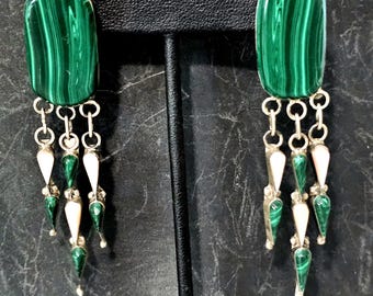 Precious Malachite and Mother of Pearl 3" Dangle Silver Vintage Native Earrings Old Pawn JE 569