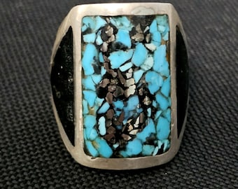 1950s Unusual Zuni Multi Stone Inlay Sterling Silver Ring Size 10 1/2 JR 780