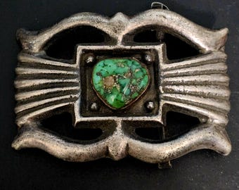 Cast Silver Signed Turquoise Sterling Vintage Buckle  Old Pawn JK S
