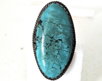 Oval Blue Turquoise Vintage Native Statement Ring Size 8 Old Pawn JR 669