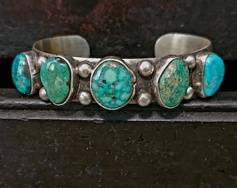 Native row bracelet with 5 Natural Turquoise Stones Sterling Old Pawn Cuff Native fits a 6" wrist