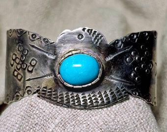 Rare Thunderbird Shaped Cuff Whirling Logs Silver and Turquoise Native American Sterling Bracelet Old Pawn 7" wrist