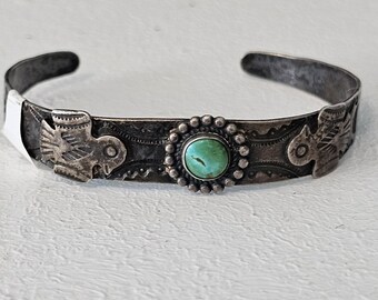 Smaller Green Turquoise 2 Thunderbirds Harvey Era Native Bracelet Old Pawn fits 6" wrist. JB 56