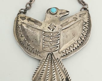 Ancient Thunderbird Sterling & Turquoise Necklace Vintage 1930s Old Pawn JN 662