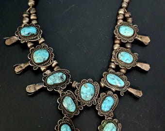 Smaller Blue Turquoise Squash Blossom Necklace: Old Pawn Sterling Silver  JN 760