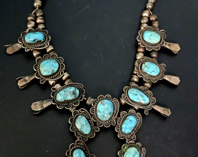 Featured listing image: Smaller Blue Turquoise Squash Blossom Necklace: Old Pawn Sterling Silver  JN 760
