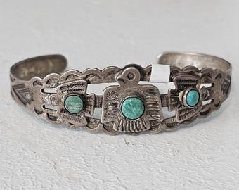 3 Thunderbirds Harvey Era Native Bracelet Old Pawn fits 6 1/2" wrist. JB 58