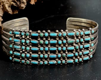 5 Row Vintage Zuni Turquoise Incredible Dot and Dash Bracelet Sterling Silver Cuff 6" JB 189