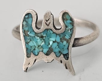 Tiny Thunderbird Turquoise Vintage Native  Ring Sterling Silver Size 6 Old Pawn #NN
