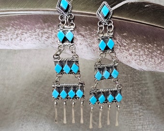 Diamond Shape Vintage Zuni Raincloud Earrings Ladders Sterling Sleeping Beauty Turquoise Old Pawn