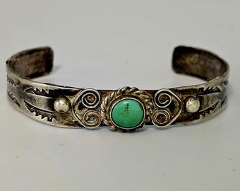 Green Turquoise and Hearts Harvey Era Vintage Native Bracelet Old Pawn fits 6" wrist