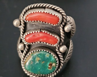 Statement Vintage Coral & Turquoise Sterling Silver Ring, Size 14  JR 342