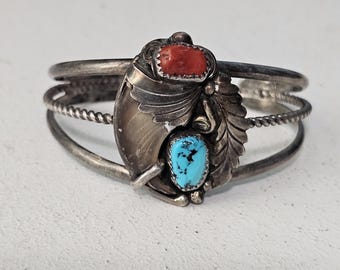 Pretty Bearclaw Turquoise & Coral Silver Vintage Cuff Sterling Old Pawn fits 6 1/2" wrist  JB 60
