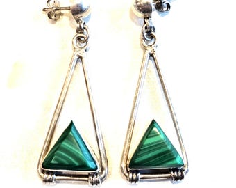 Malachite Triangles 2 1/2" Dangle Silver Vintage Native Earrings Old Pawn JE 598