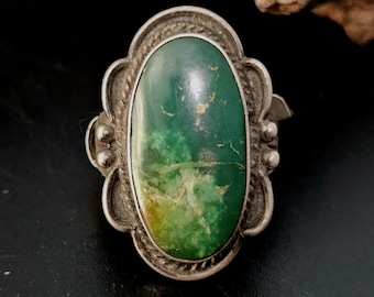 Early Cerillos Oval Green Turquoise Vintage Ring Old Pawn Size 6 1/2 JR 54