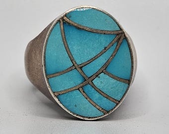 Fishscale Zuni Inlay Cast Silver Turquoise Ring Vintage Sterling Man Ring Size 10 1/2 Old Pawn. JR 86