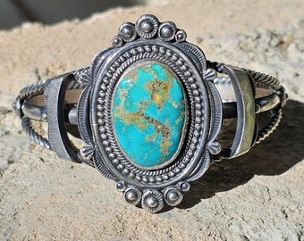 Killer Blue Turquoise and Precision Silverwork on this Vintage Native Cuff Old Pawn. JB 992