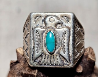 Thunderbird Blue Turquoise Vintage Native Sterling Bell Trading Post Man Ring Size 11 1/2 Old Pawn