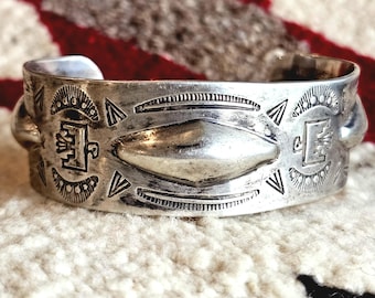 Wide Thunderbirds & Bump Outs Punchwork Decorated Vintage Larger Cuff Sterling fits 6 1/2" wrist JB 331