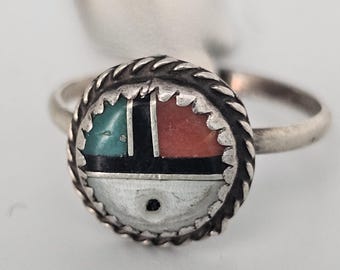 Sunface Zuni Inlay Vintage Native  Ring Sterling Silver Size 7 Old Pawn #JR