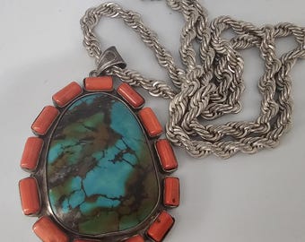 Gorgeous Big Turquoise and Coral Necklace C1980s JN 698