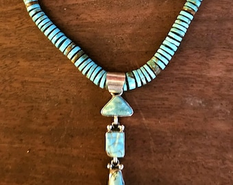 Vintage Pueblo Heishi Turquoise with Dangle Necklace Old Pawn Sterling. C1950s JN 729