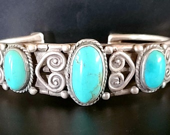 Historic Ingot Silver and Turquoise Pueblo Native American Cuff Bracelet with Hearts Old Pawn Coin Silver. 6 3/8" wrist