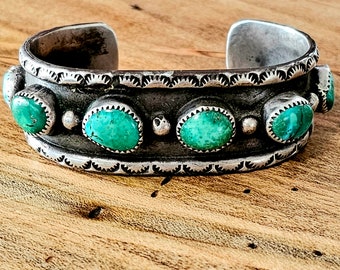 Man Size Silver and Big Green Turquoise Old Pawn Cuff Bracelet Native American 6 7/8" wrist