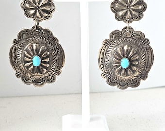 Pretty Round Conchos Turquoise Native Earrings Old Pawn 2 1/2"  JE 511
