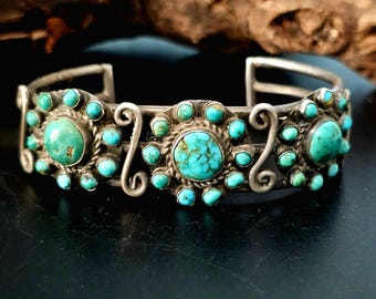 1940s Zuni Cluster Natural Turquoise Vintage Native Cuff Old Pawn fits 6 1/2" wrist JB 774