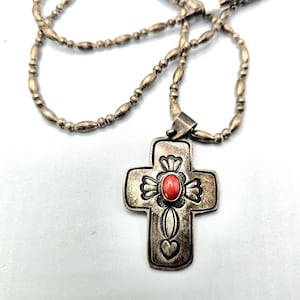 Don Lucas Coral Cross Sterling Necklace Vintage 1970s Old Pawn JN 601