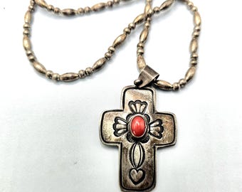 Don Lucas Coral Cross Sterling Necklace Vintage 1970s Old Pawn JN 601