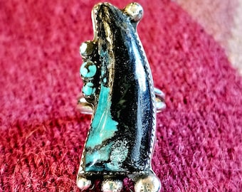 Blackjack Turquoise Hippy Vintage Native Ring Sterling Silver Old Pawn Size 7 1/2