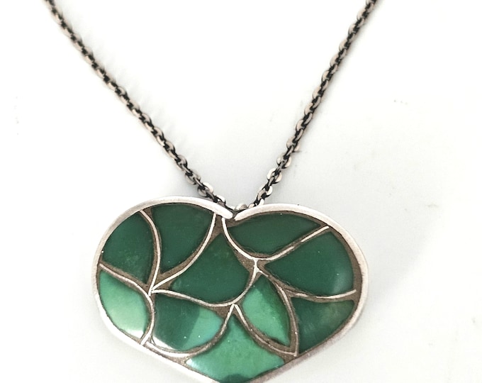 Featured listing image: Heart Zuni Inlay Green Turquoise Necklace Old Pawn Sterling. C1940s JN 676