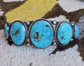 1940s Big Blue Cabochons Turquoise Sterling Silver Row Bracelet 6 3/4" wrist JB 275