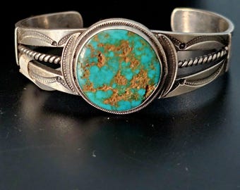 Vintage Native Cuff with Great Turquoise Whirling Logs Sterling Old Pawn fits 6 1/2" wrist JB 127