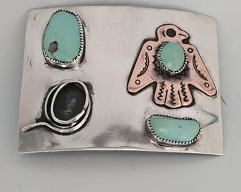 Thunderbird & Snake Turquoise Sterling Vintage Buckle  Old Pawn JK 210