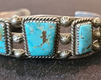 Classic Early Native Made Row Cuff Bracelet with Great Turquoise Old Pawn