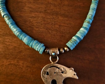 Vintage Bear Pueblo Heishi Turquoise Necklace Old Pawn Sterling. C1950s JN 731