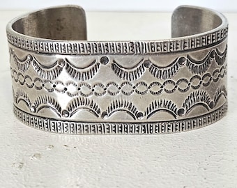 Wide Punchwork Decorated Vintage Larger Cuff Native Sterling Old Pawn fits 7" wrist JB 125