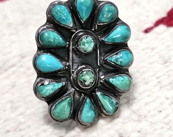 1930s Zuni Pettipoint Blue Turquoise Silver Ring Vintage Sterling Old Pawn Size 9 3/4 JR 843