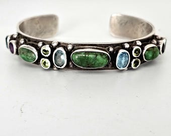 Turquoise & Gemstones Stuington Vintage Cuff Old Pawn. 6 1/2" wrist. JB 10