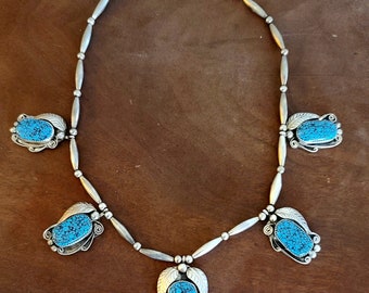 Old Pawn Choker Style Navajo Necklace with 5 Large Number 8 Turquoise T. Tsotie