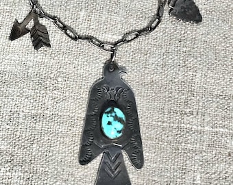 1940s Rare Thunderbird Necklace Blue Turquoise Native Sterling Old Pawn JN 776
