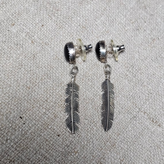 Onyx Feather Vintage Dangle Earrings Sterling Old… - image 2